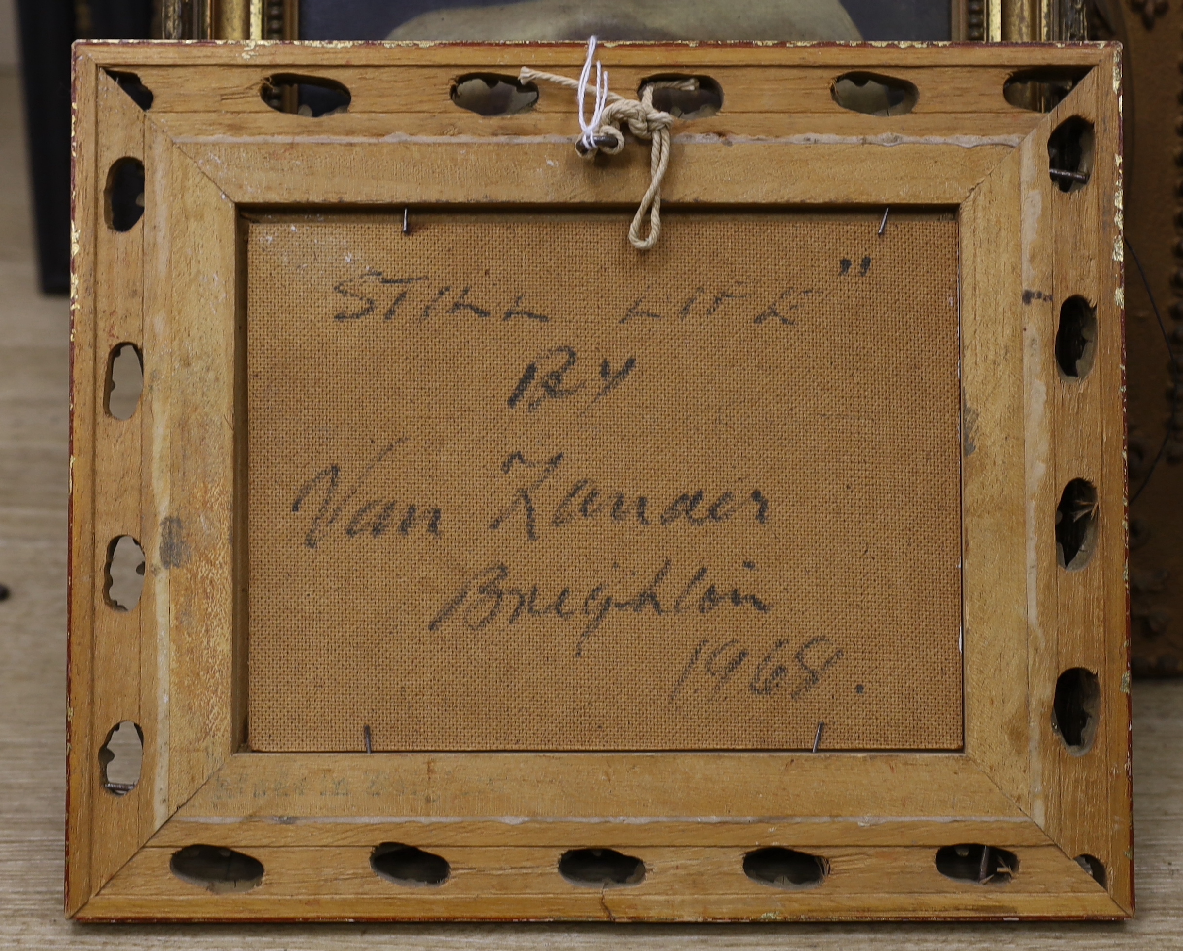 Dutch style, oil on board, Still life of fruit, indistinctly signed and inscribed verso, 14 x 18.5cm, ornate gilt frame